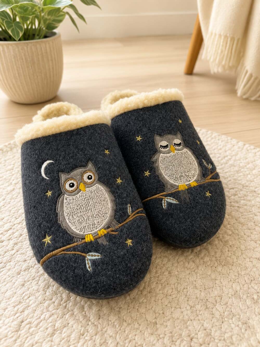 Lands’ End Women’s Felted Wool Owl Embroidered Slippers Blue US 10B Faux Fur